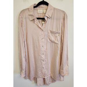 Chicos Relaxed Stripe Shirt Rose Tan Size 1 (Medium) Button Down Tunic Top‎ NWT